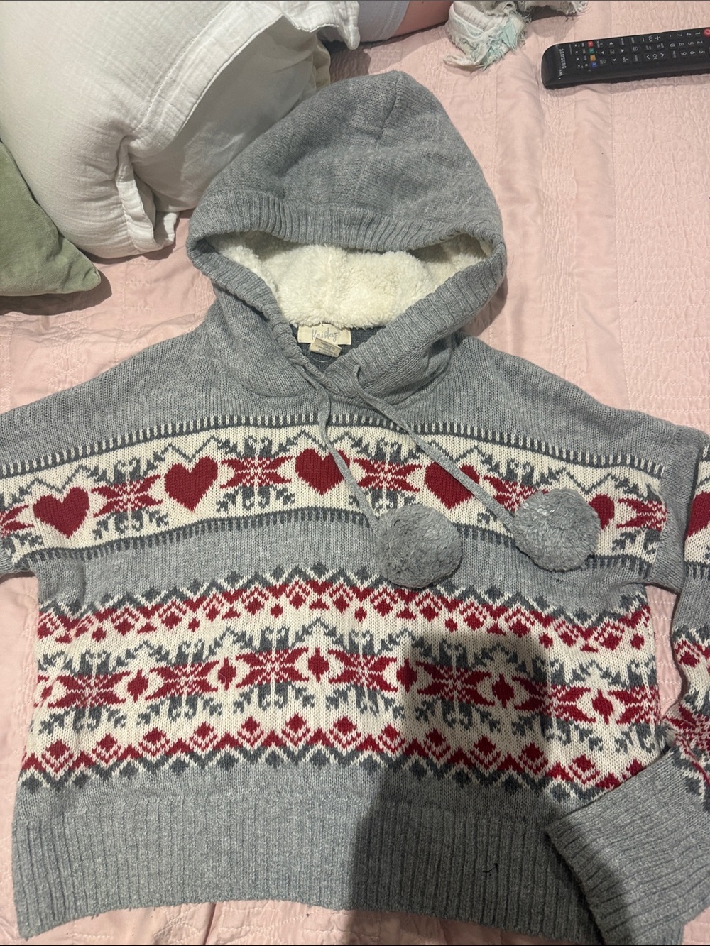 Cozy Hooded Fair Isle Sweater with Red Heart Motif - Gray